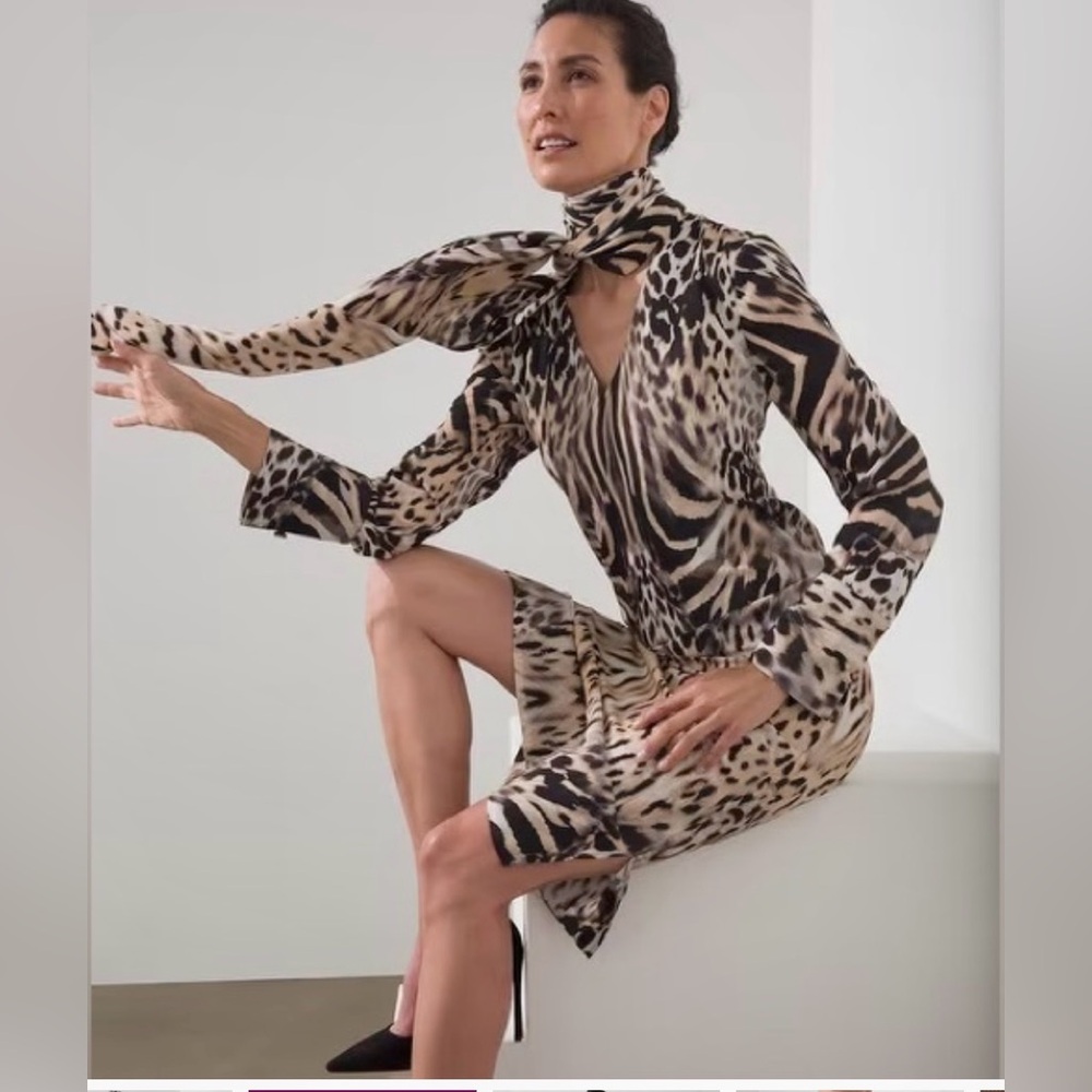Chico's Black Label Animal Print Chiffon Drape Bow Dress in XSmall